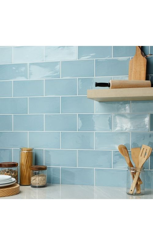 Gạch kính ốp bếp màu xanh dương